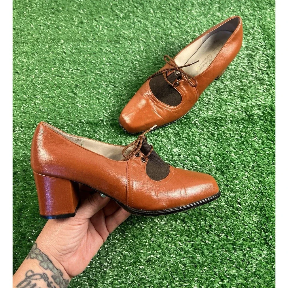 Vintage 1930's SZ 4 Women Erik Edwards Brown Leather Oxford Shoes Heels Scuffed